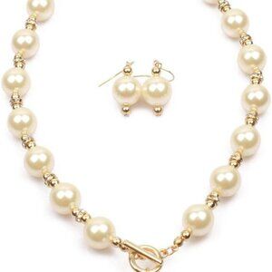 Chunky Simulated Pearl Choker Necklace Drop Dangle Earrings Crystal Larg…